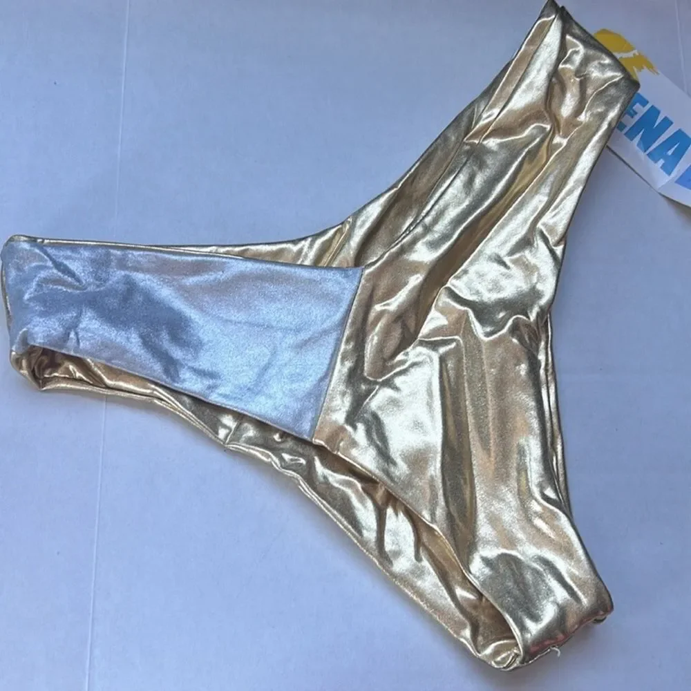 NWT UjENA Metallic Gold & Silver Crossover Bikini Bottom Size Small
